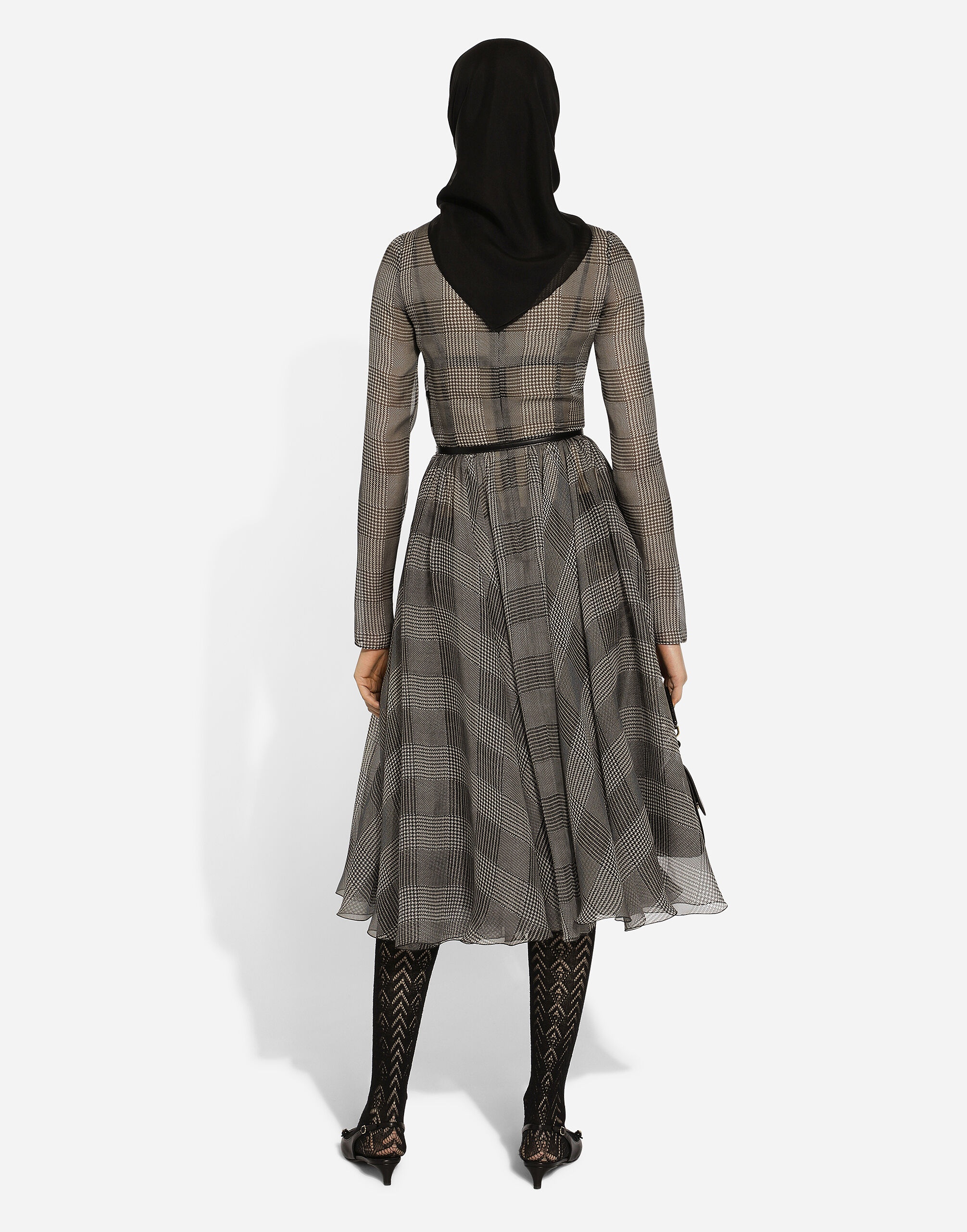 Chiffon calf-length circle skirt with glen plaid print - 3