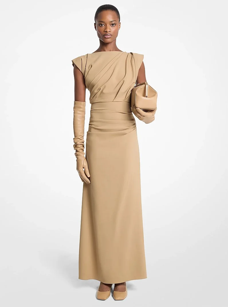 Stretch Wool Crepe Draped Column Gown - 1