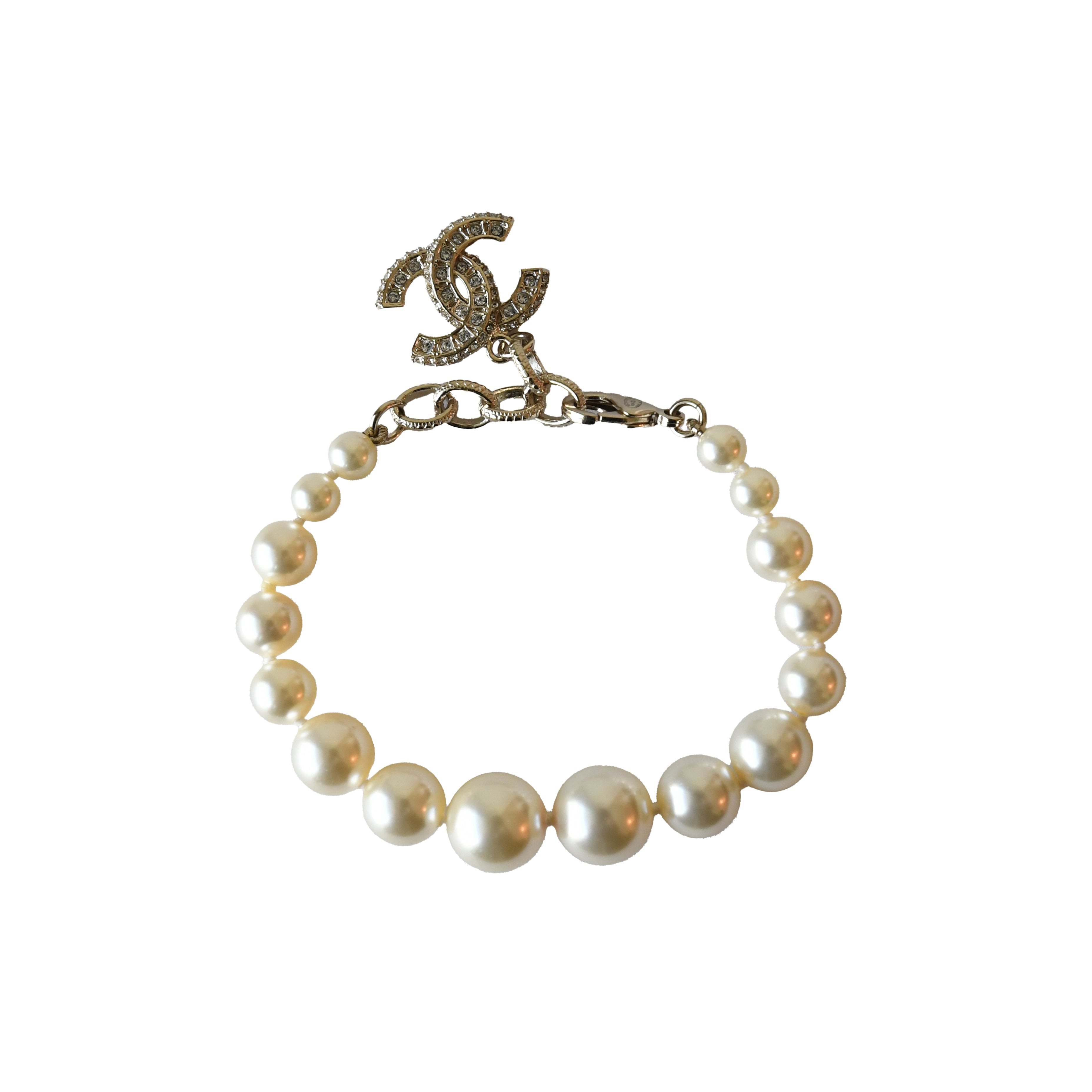 Chanel Crystal Strass Resin CC Pendant Pearl Bracelet Gold - 2