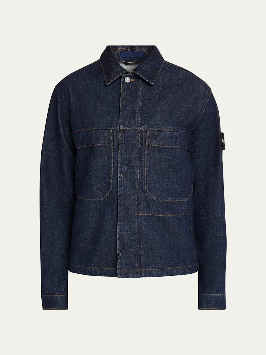 Men's Denim Button-Front Biker Jacket - 1