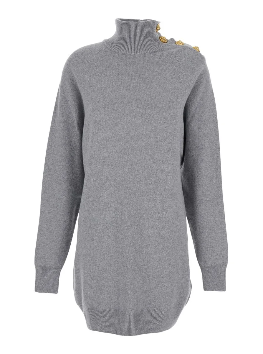 Balmain Grey Dress With High Neck And Metallic Logo Buttons In Cashmere Woman - 1