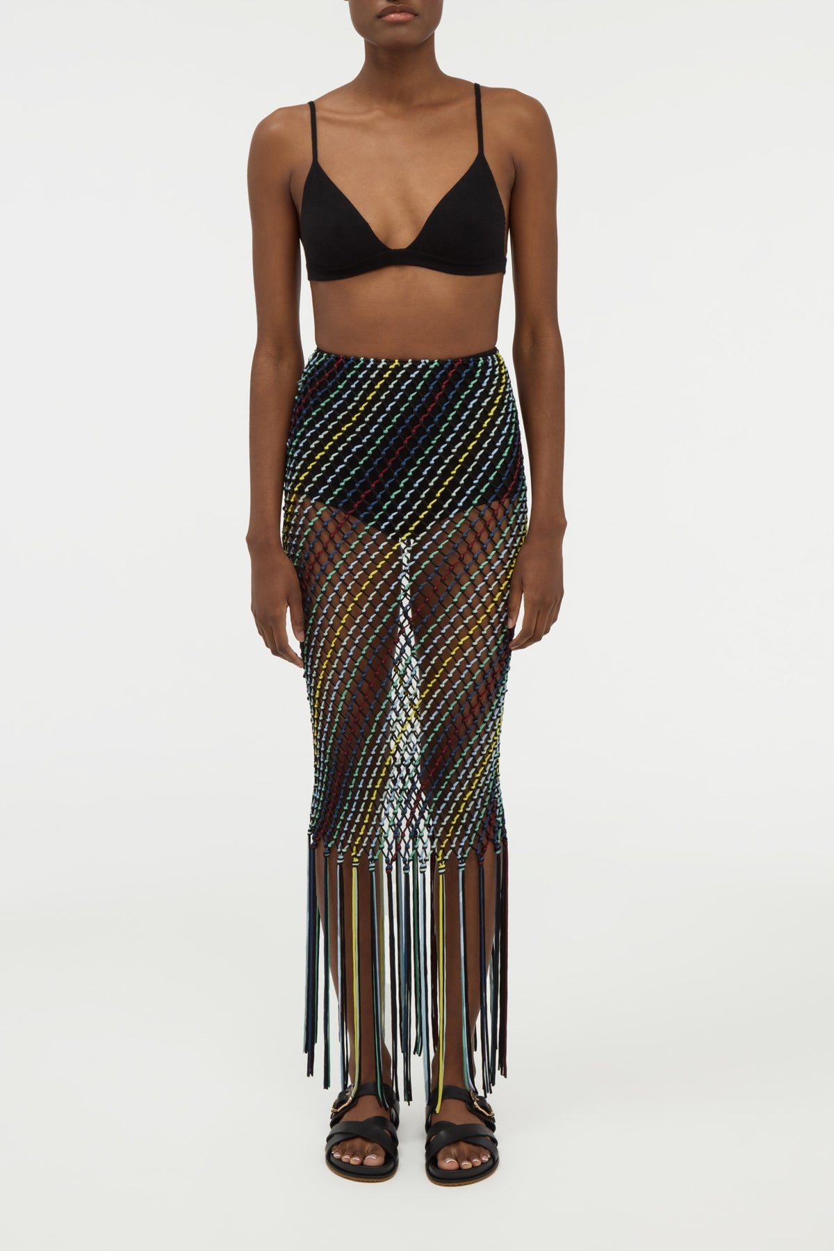 Zana Fringe Macrame Maxi Skirt in Black Multi Silk - 2