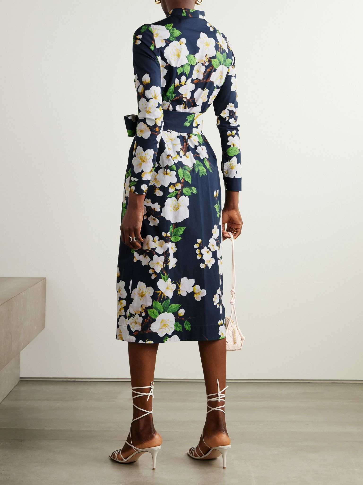 Belted floral-print cotton-blend poplin midi shirt dress Navy - 3
