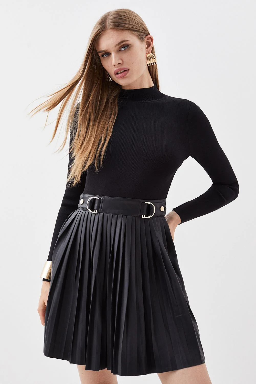 Tall Knitted Skater Dress With Pu Detailing - 1