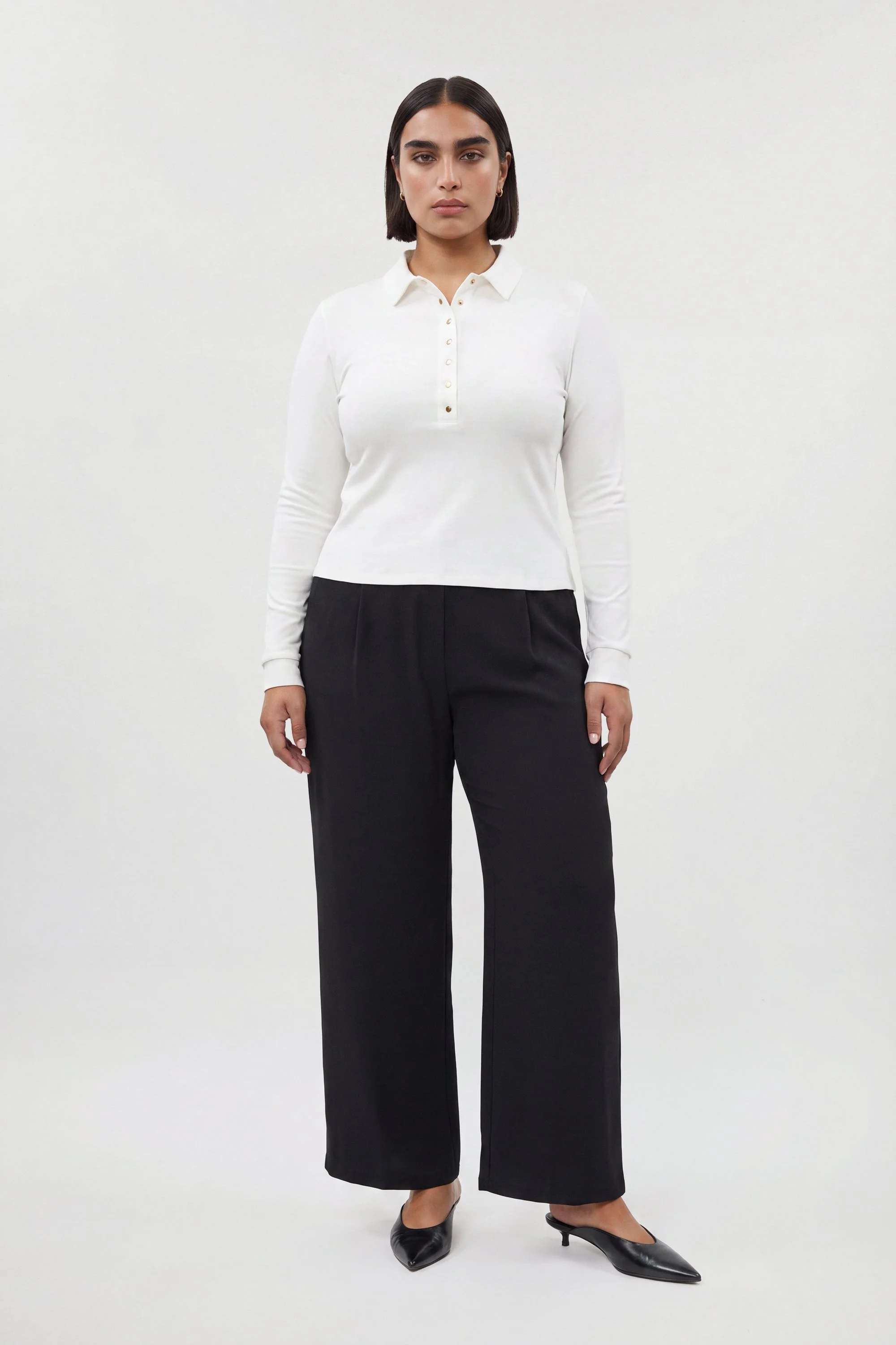 Plus Size Viscose Rib Jersey Long Sleeve Collared Button Top - 1