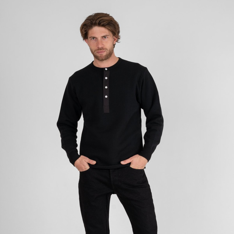 Iron Heart IHTL-2401-BLK 11oz Henley Long Sleeved Sweater - Black outlook