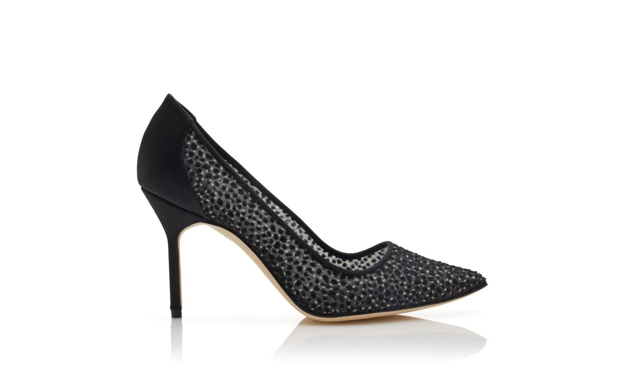 Black Flocked Tulle Pointed Toe Pumps - 1
