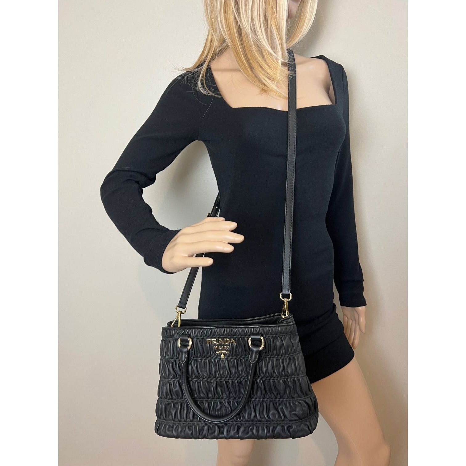 Prada Nappa Gaufre Black Leather Shoulder Crossbody Bag - 6
