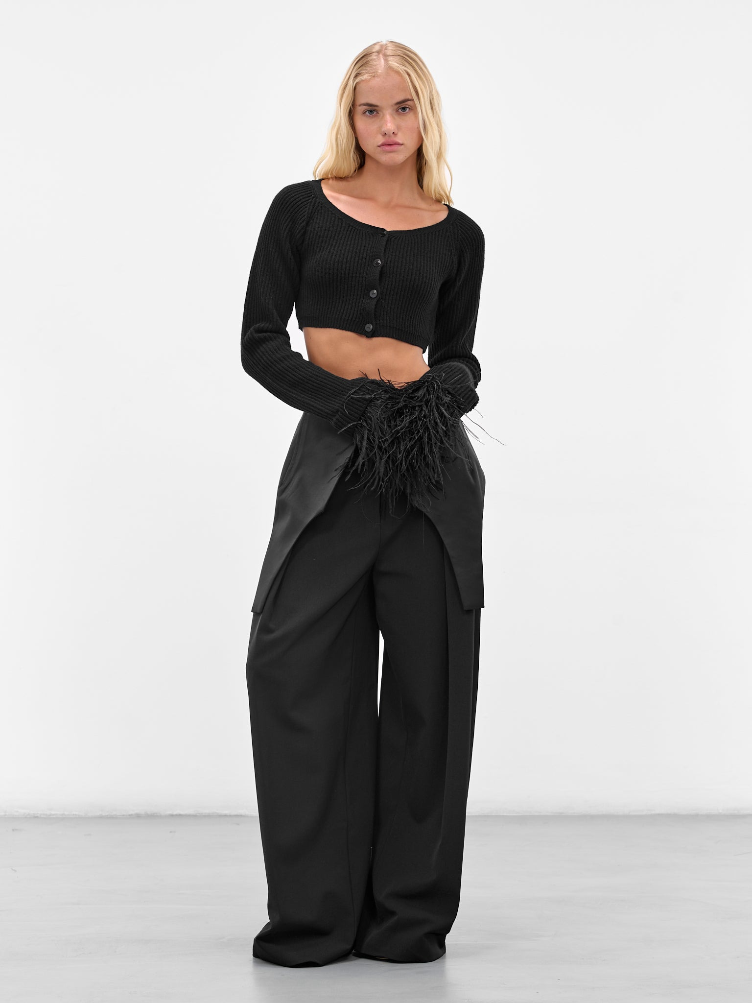 Black Cropped Feather Trim Cardigan - 6