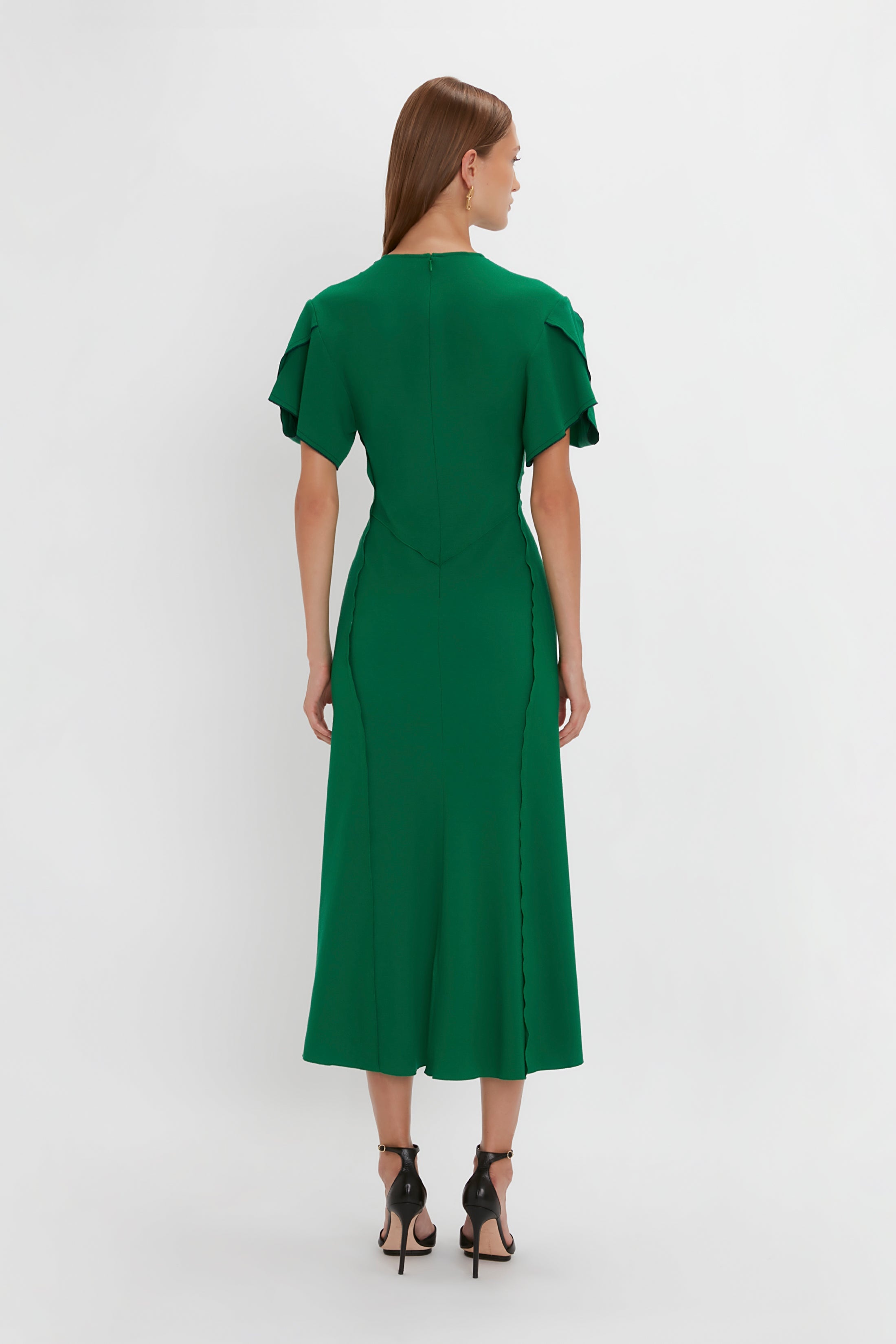 Gathered V-Neck Midi Dress in Emerald - 4