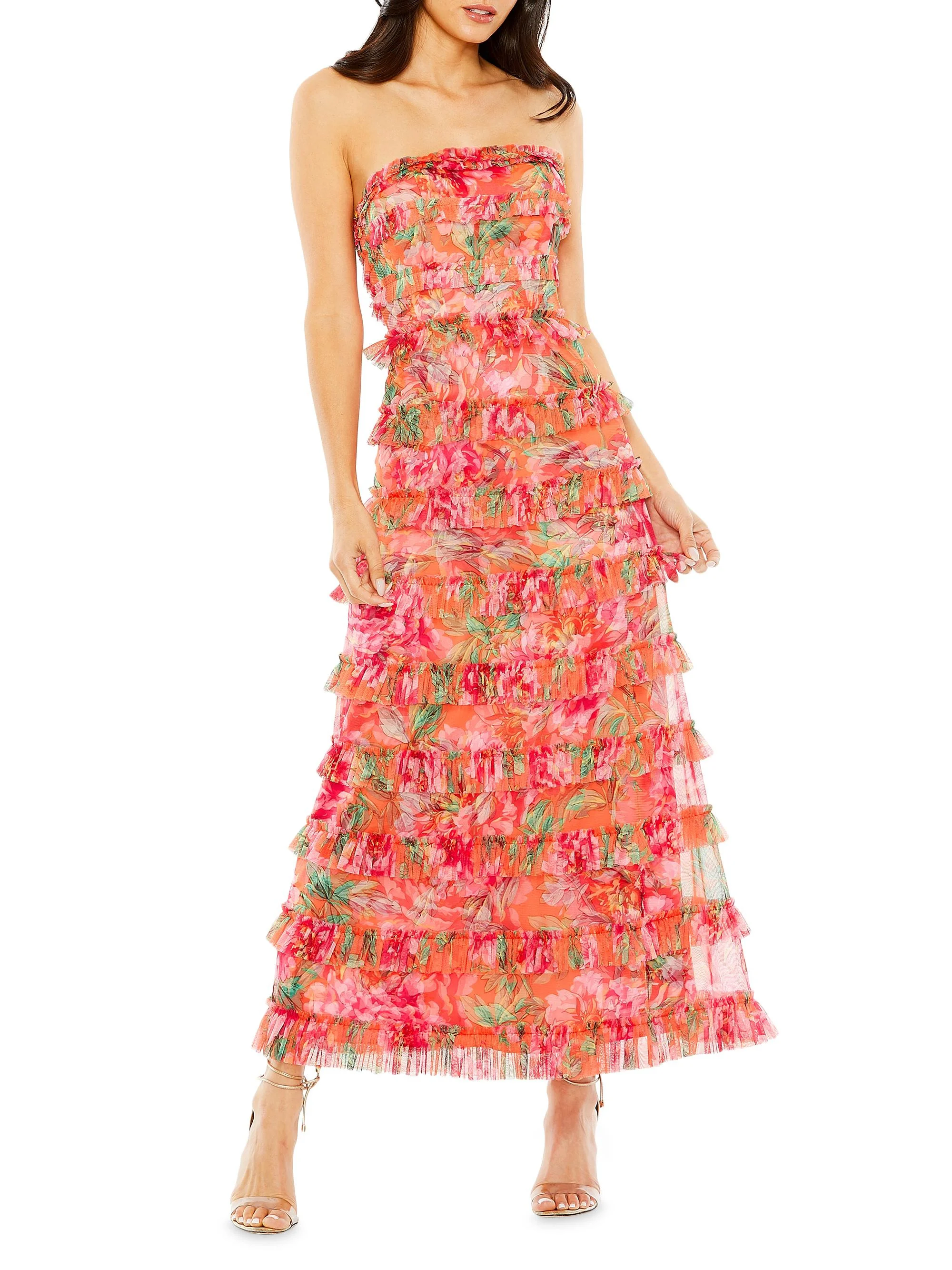 Women's Ruffled Strapless Maxi Dress - Orange Multi - 1