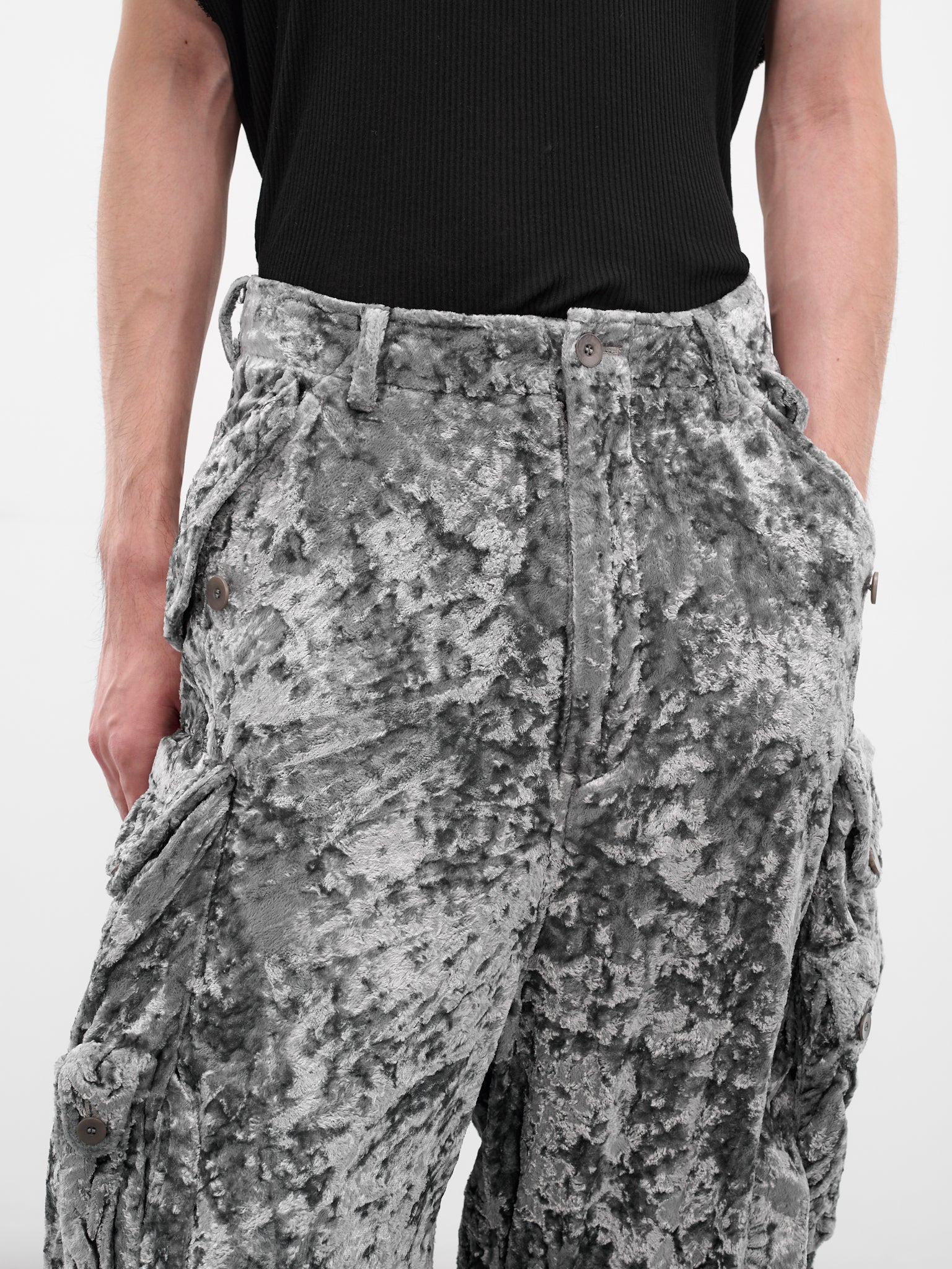 Gray Crushed Velvet Cargo Pants - 4