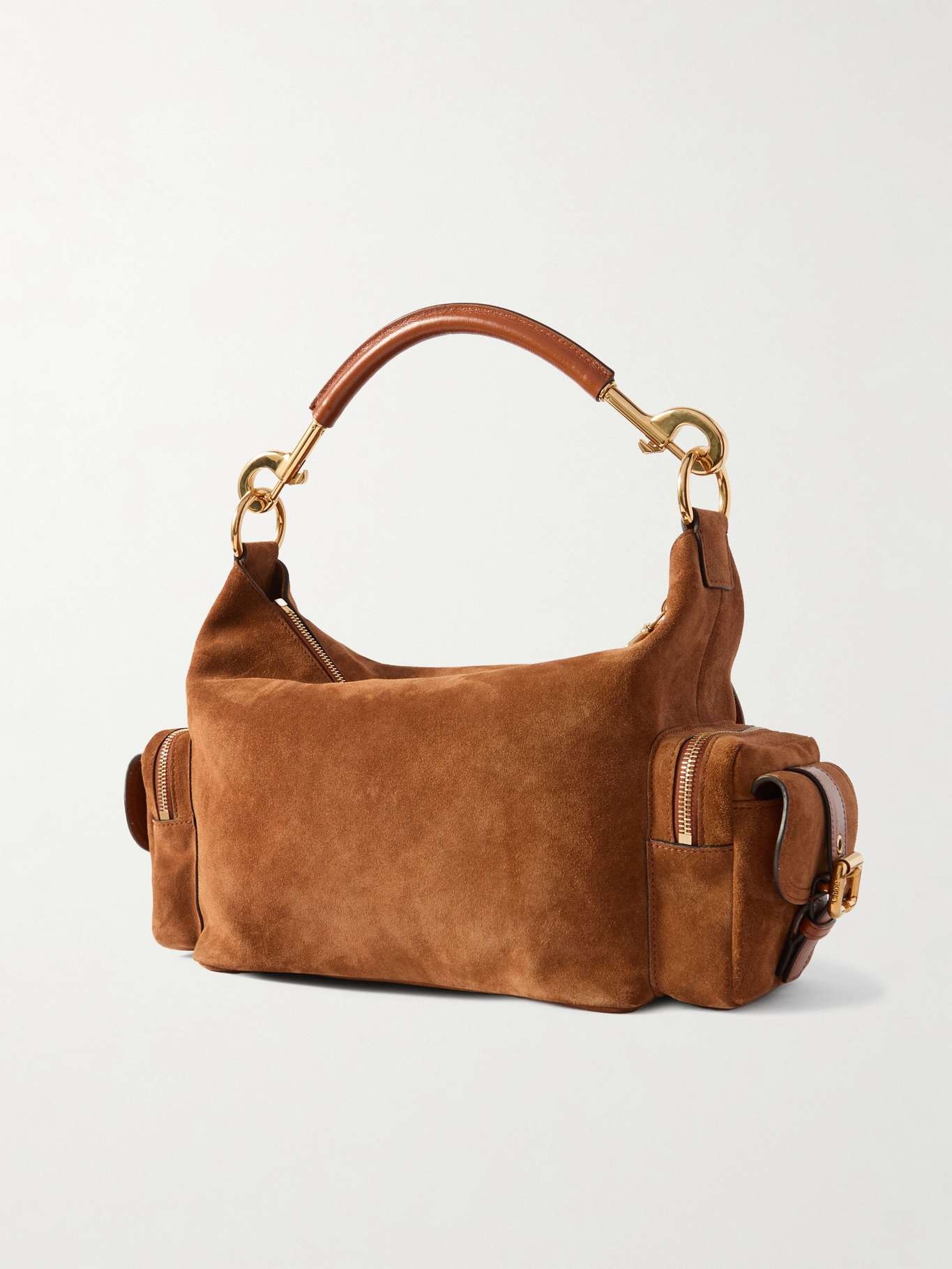 Camera leather-trimmed suede shoulder bag Tan - 3