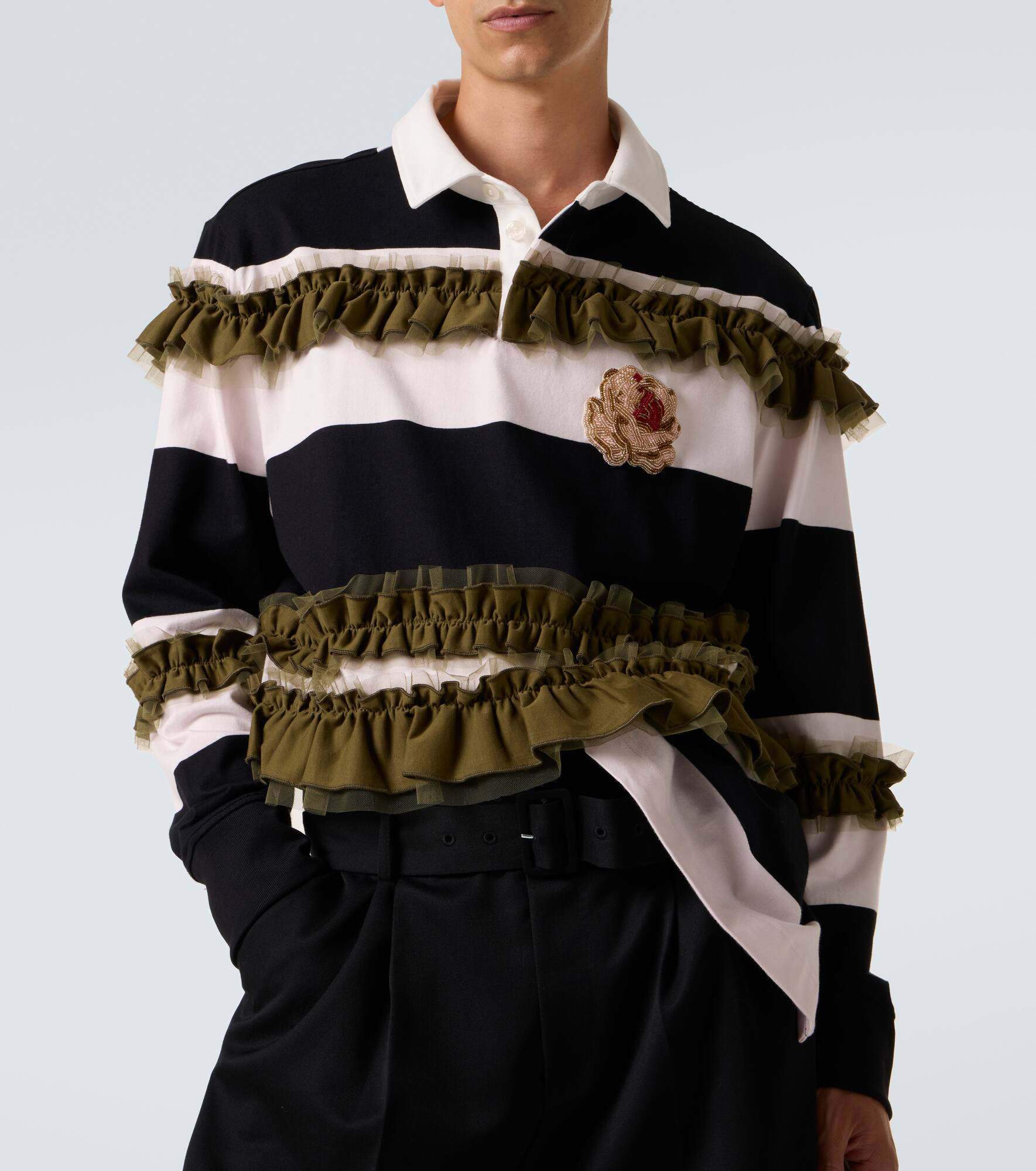 Ruffled striped cotton polo shirt - 5