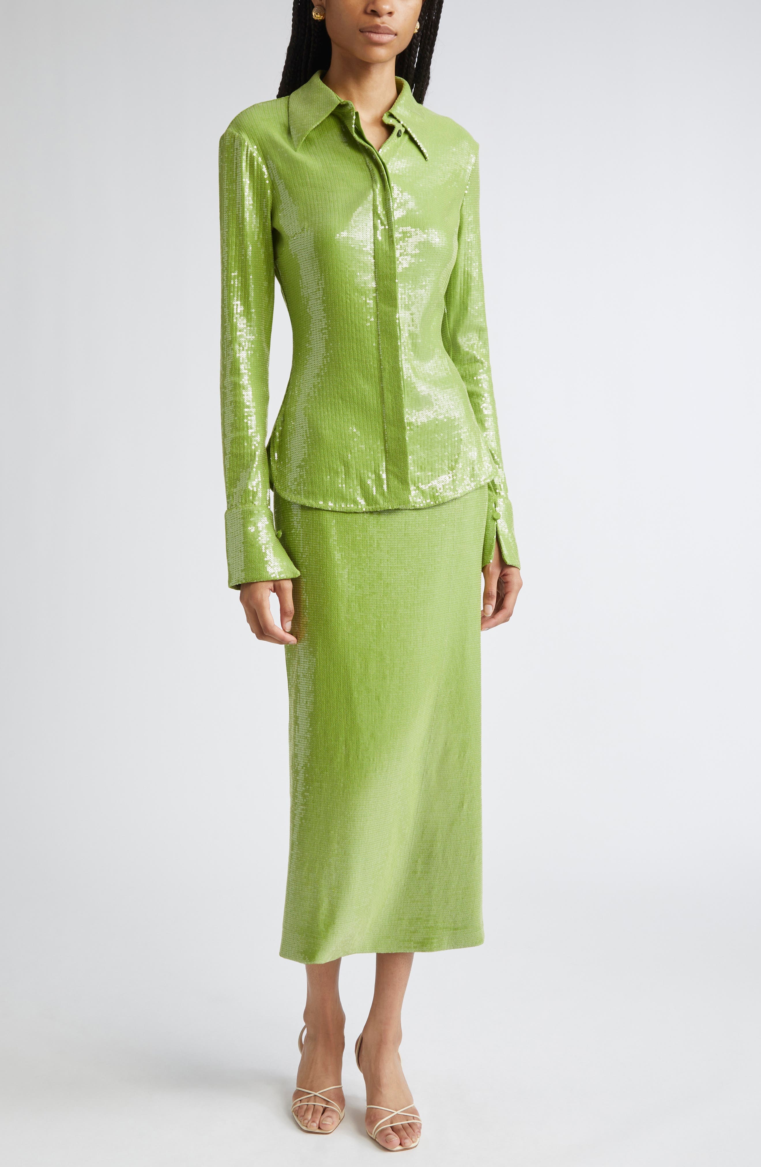 Oscar de la Renta Sequin Jersey Button-Up Shirt in Fern at Nordstrom - 2