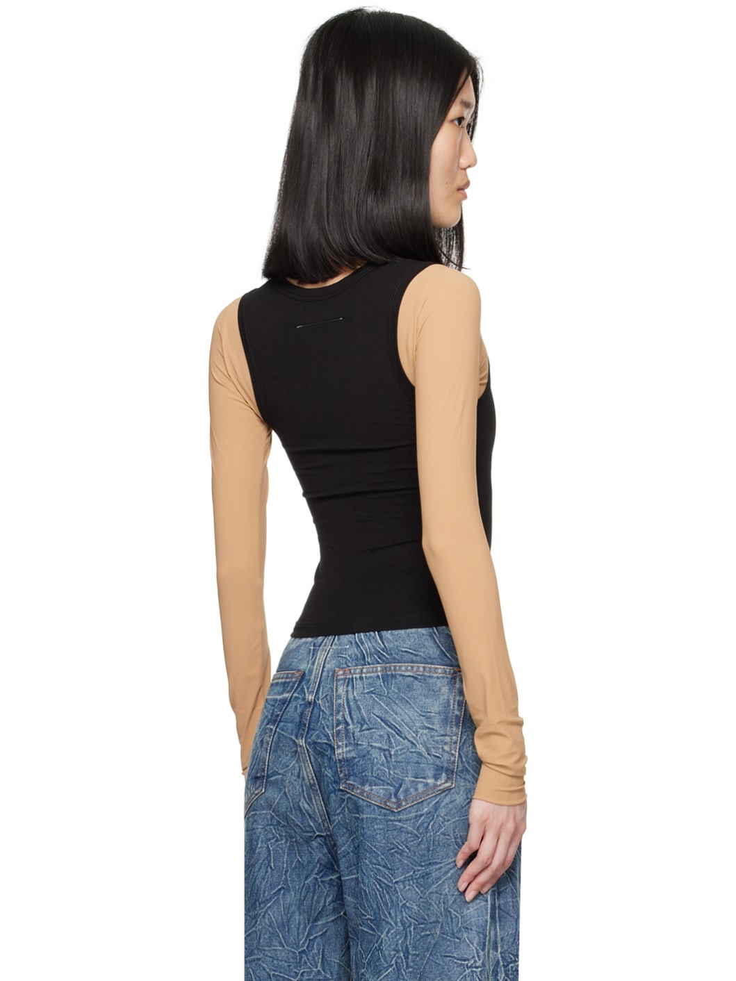 Black & Beige Paneled Long Sleeve T-Shirt - 3
