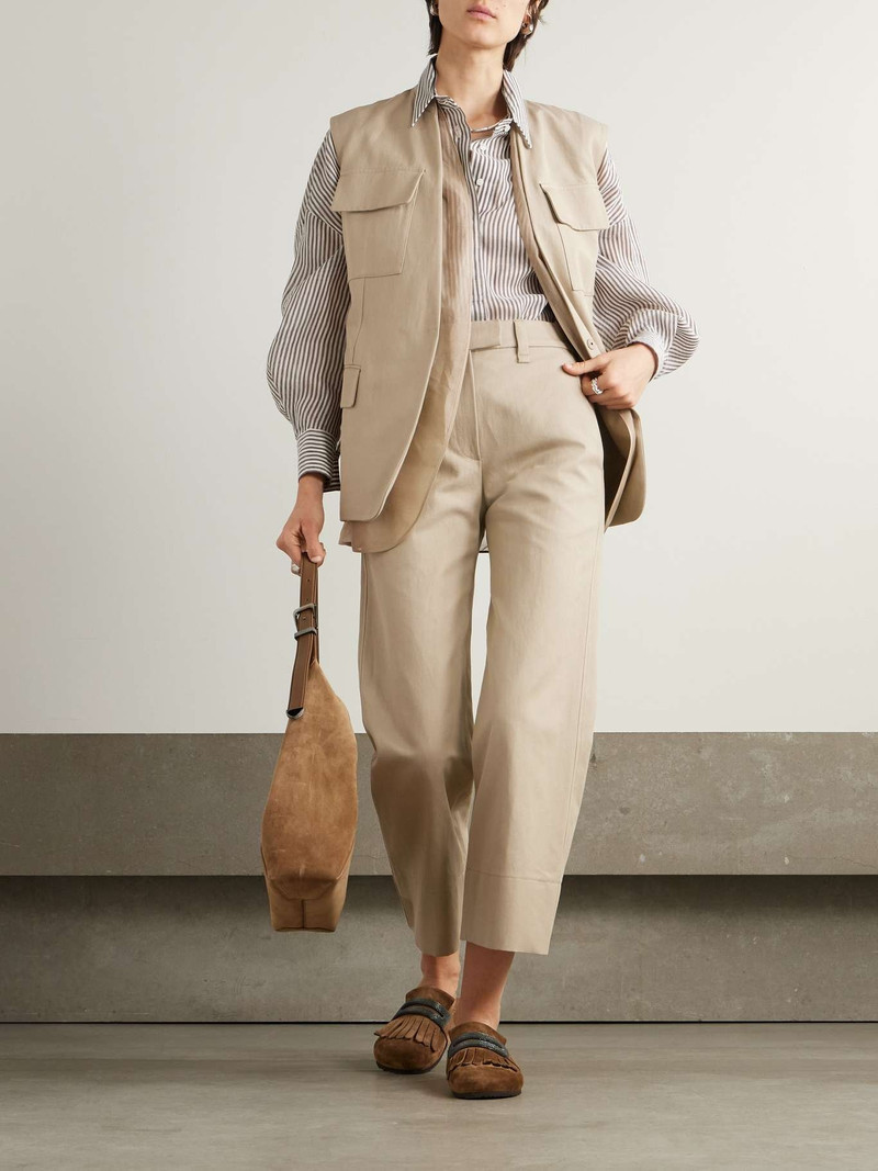 Brunello Cucinelli Bead-embellished cropped cotton and linen-blend twill straight-leg pants Beige outlook