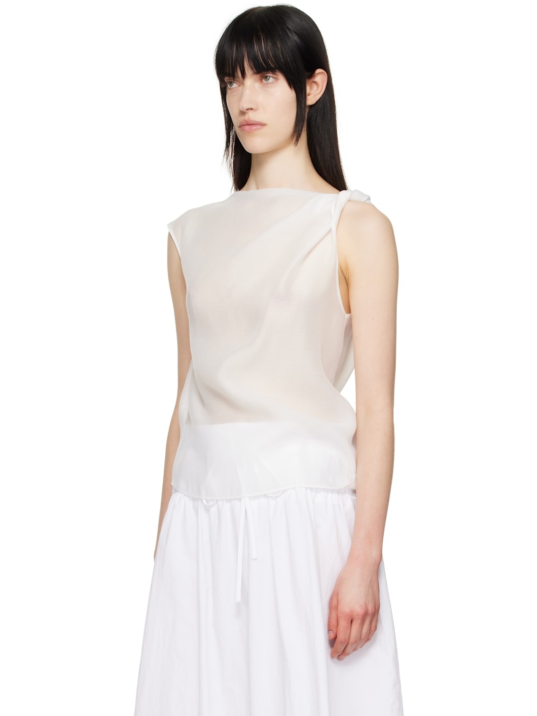 White Asymmetrical Draped Tank Top - 4