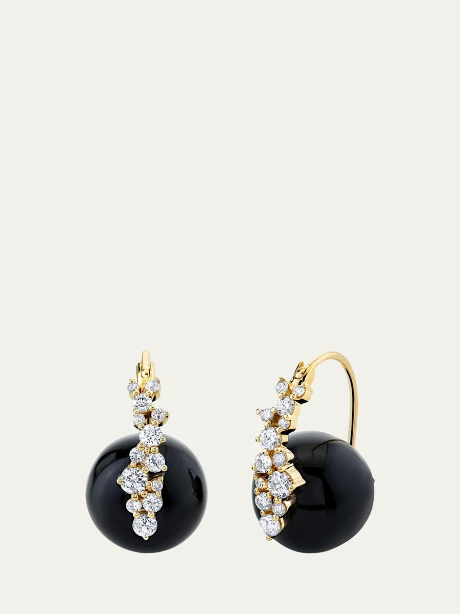 14K Yellow Gold Smooth Round Onyx Cocktail Earrings with Diamonds - 1