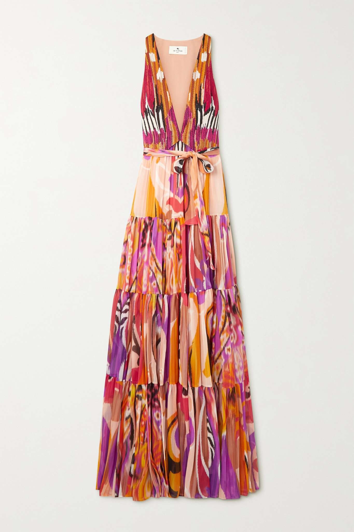 Belted bead-embellished tiered printed silk maxi dress - 1