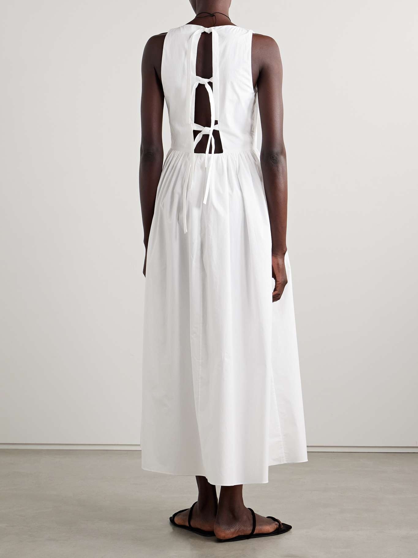 Tie-detailed gathered organic cotton midi dress White - 3