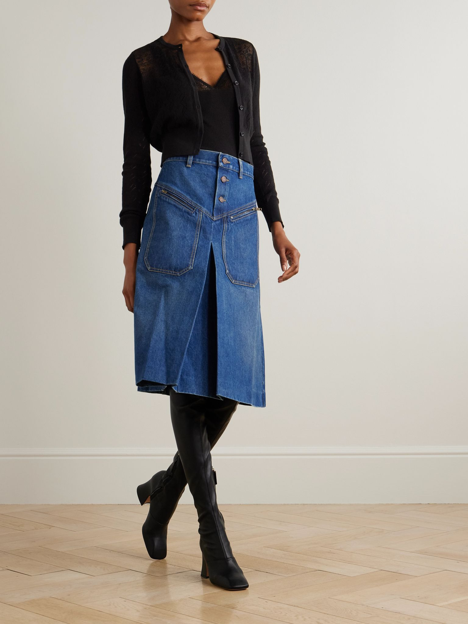 Pointelle-knit cotton tank and cardigan set Black - 2
