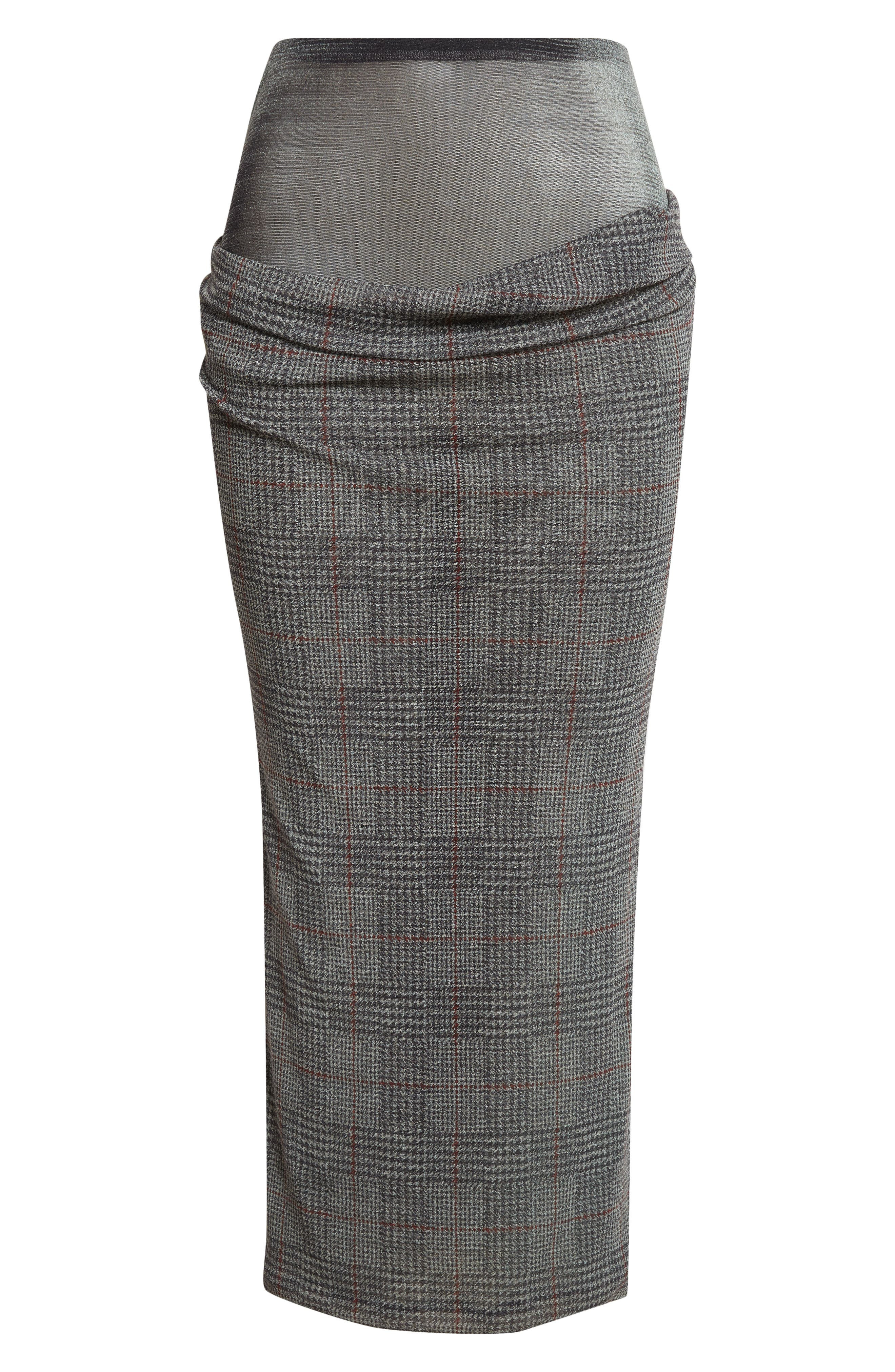 Jean Paul Gaultier Double Layer Prince of Wales Print Mesh Midi Skirt in Light Grey/Vanilla/Red at N - 6