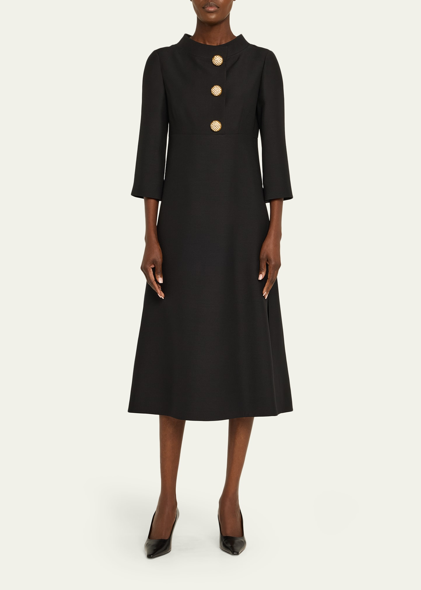 Strass Button High-Neck Crepe Midi Dress - 2