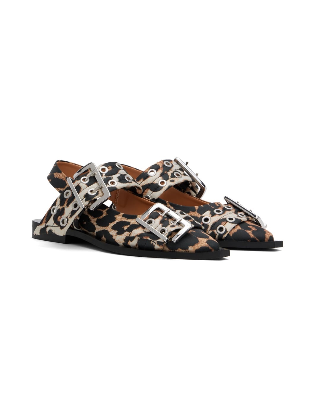 Beige & Black Leopard Satin Buckle Ballerina Flats - 4