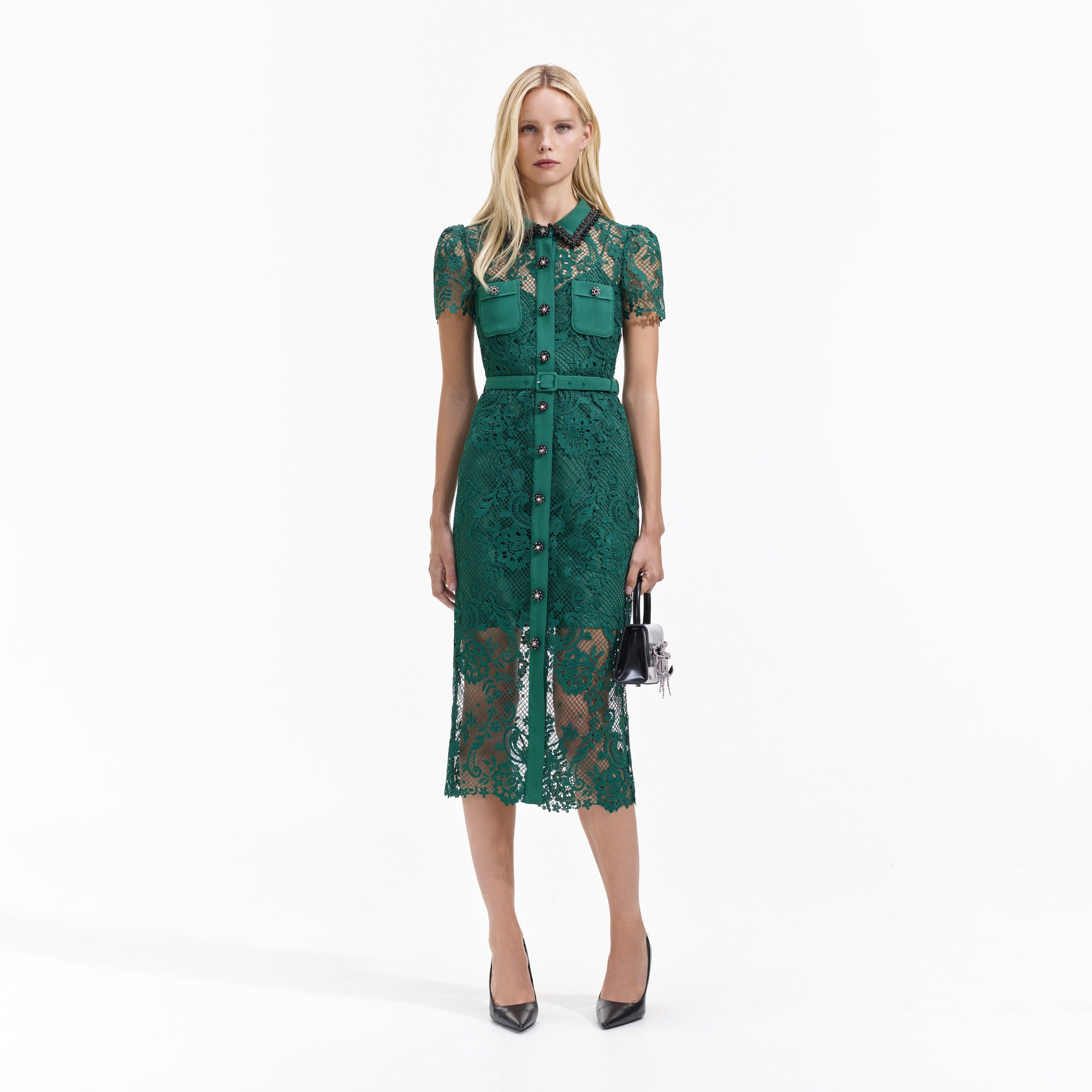 Green Lace Button Front Midi Dress - 1
