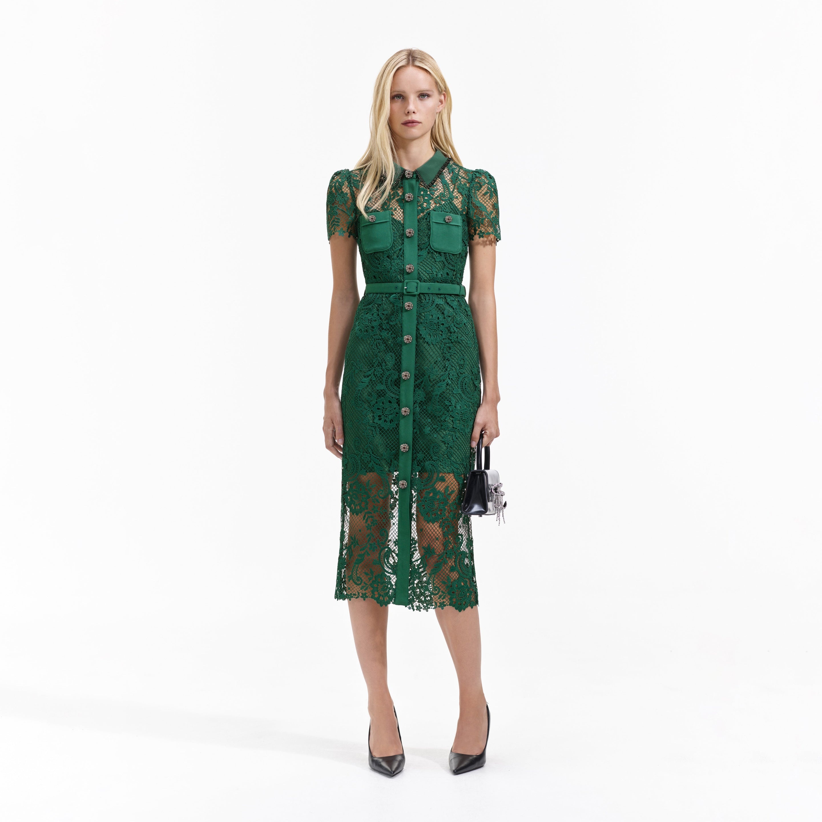 Green Lace Button Front Midi Dress - 1