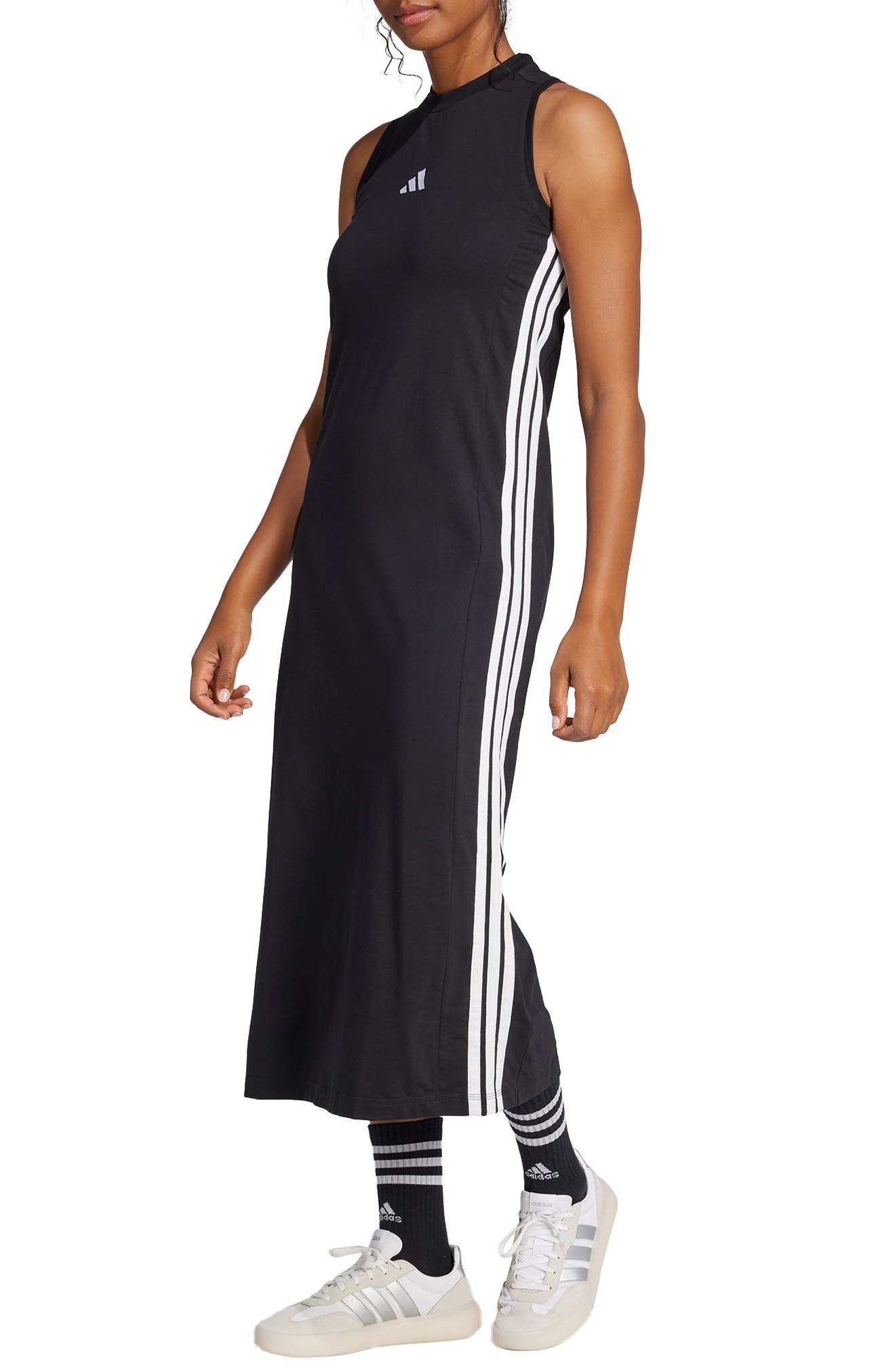 adidas Essentials 3-Stripes Racerback Midi Dress in Black/White at Nordstrom - 3