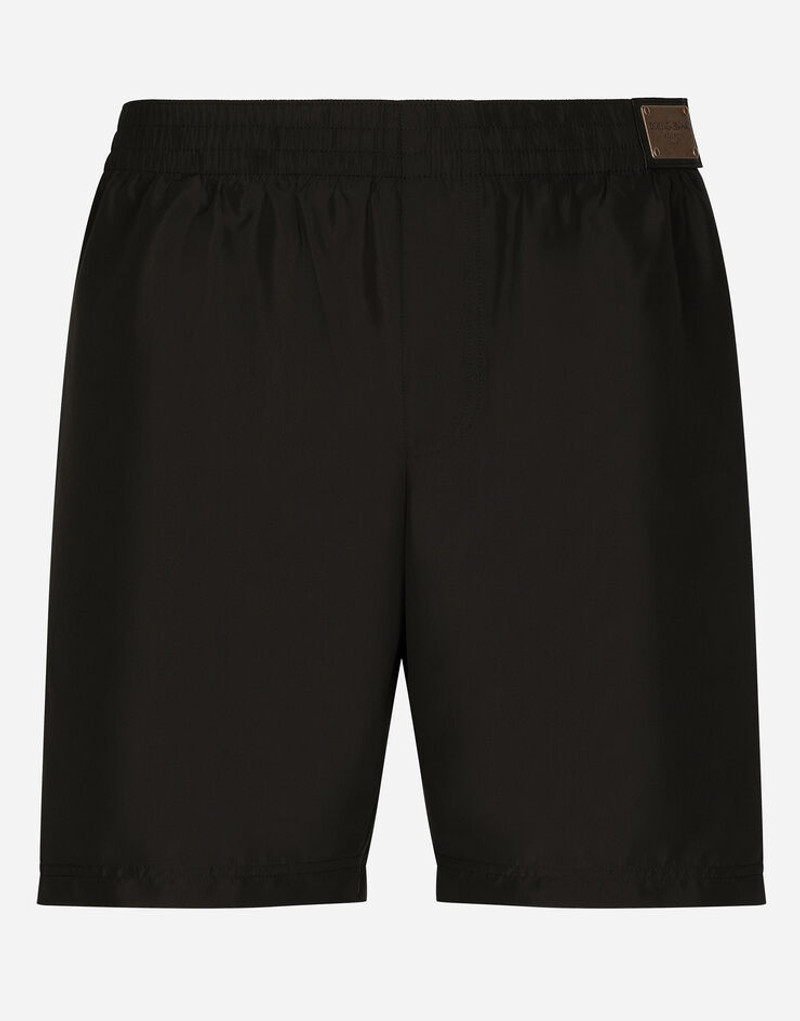 Mid-length swim trunks with logo tag 1