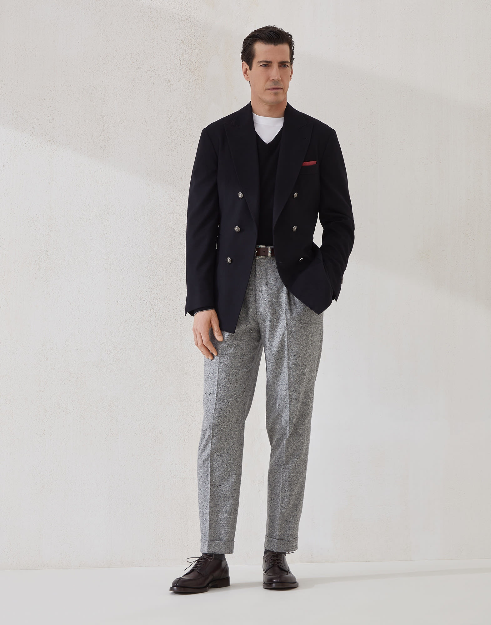 Wool and cashmere flecked grisaille leisure fit trousers with pleat - 4