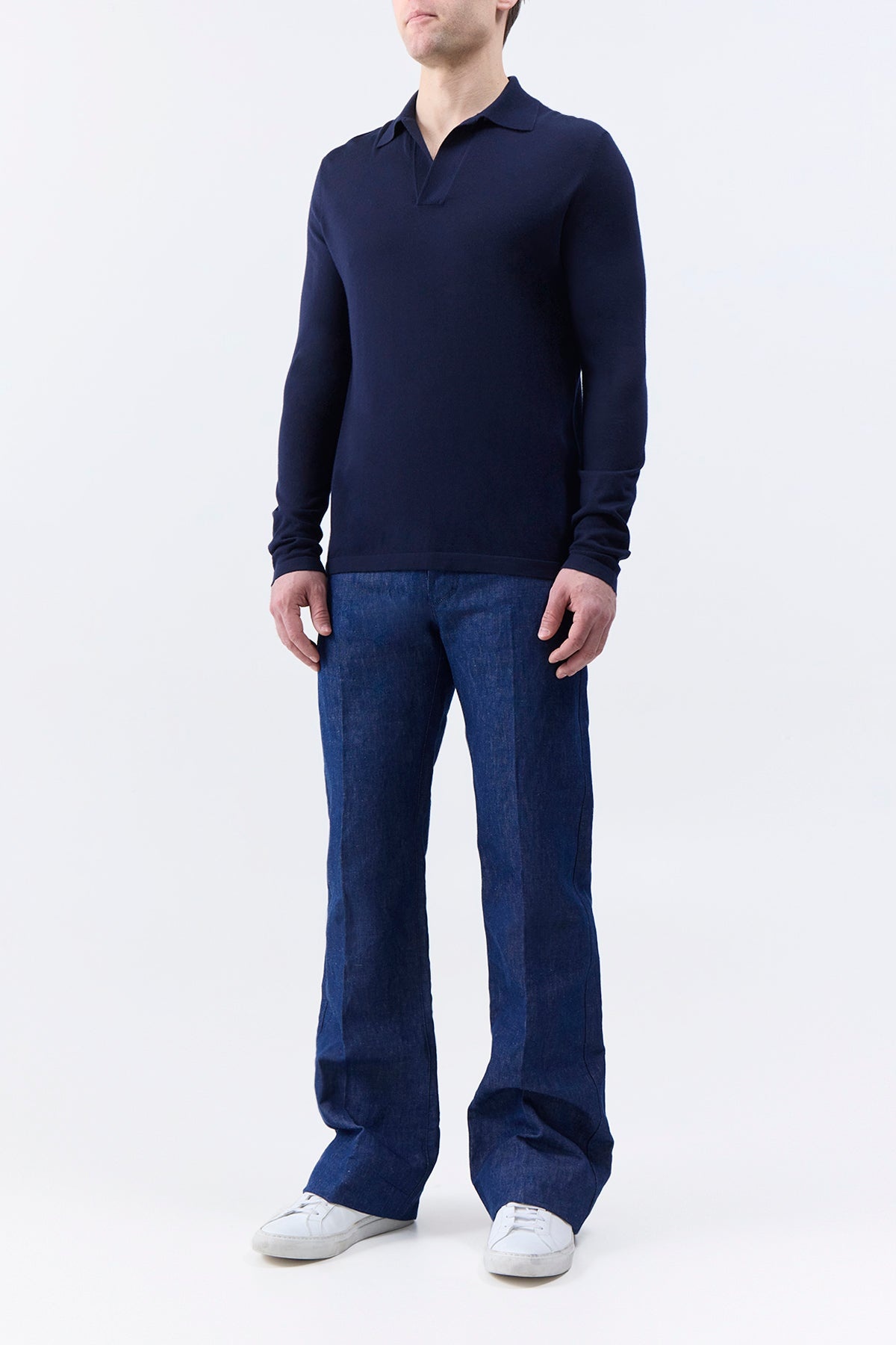 Frome Knit Long Sleeve Polo in Dark Navy Cashmere - 3