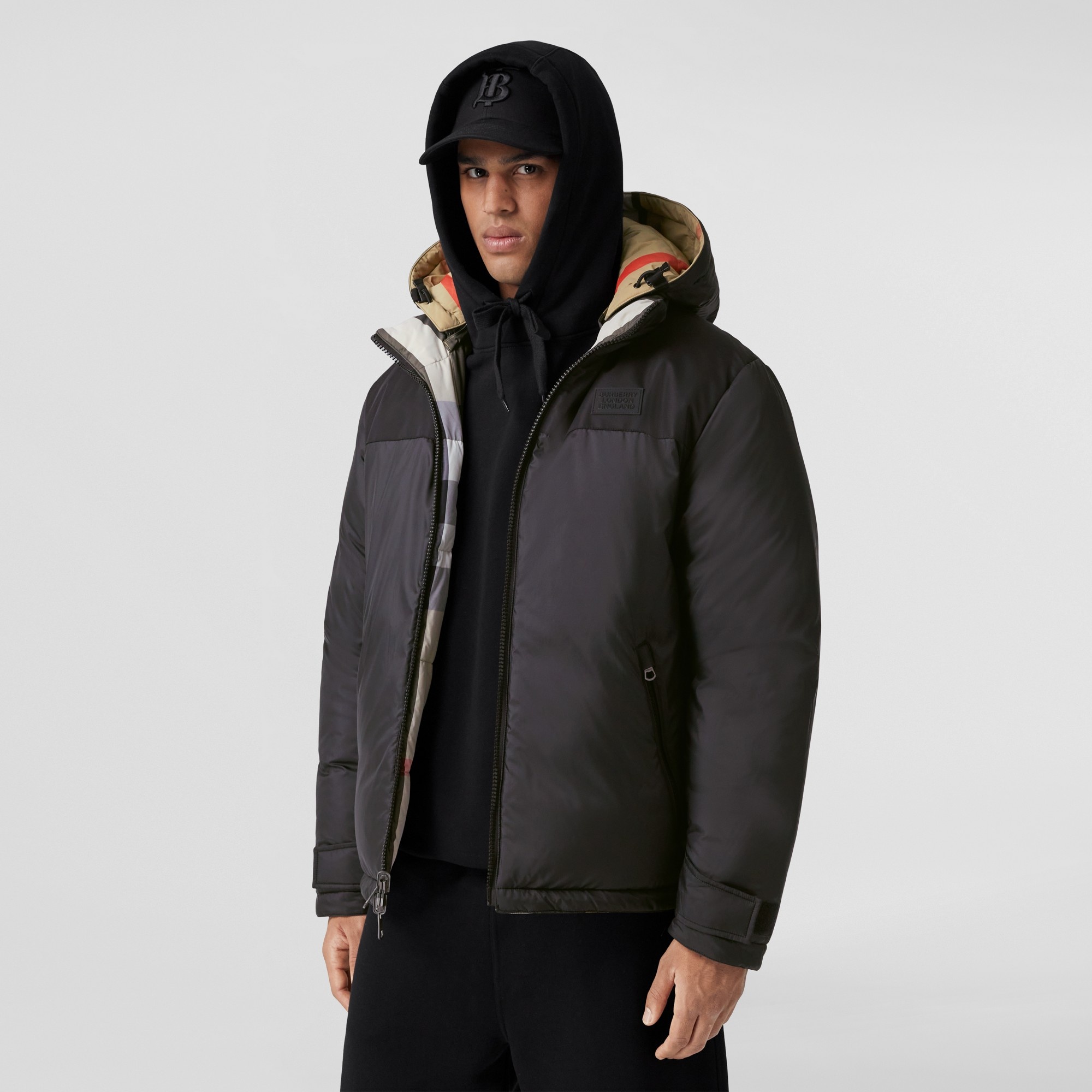 Check Nylon Reversible Hooded Puffer Jacket - 6