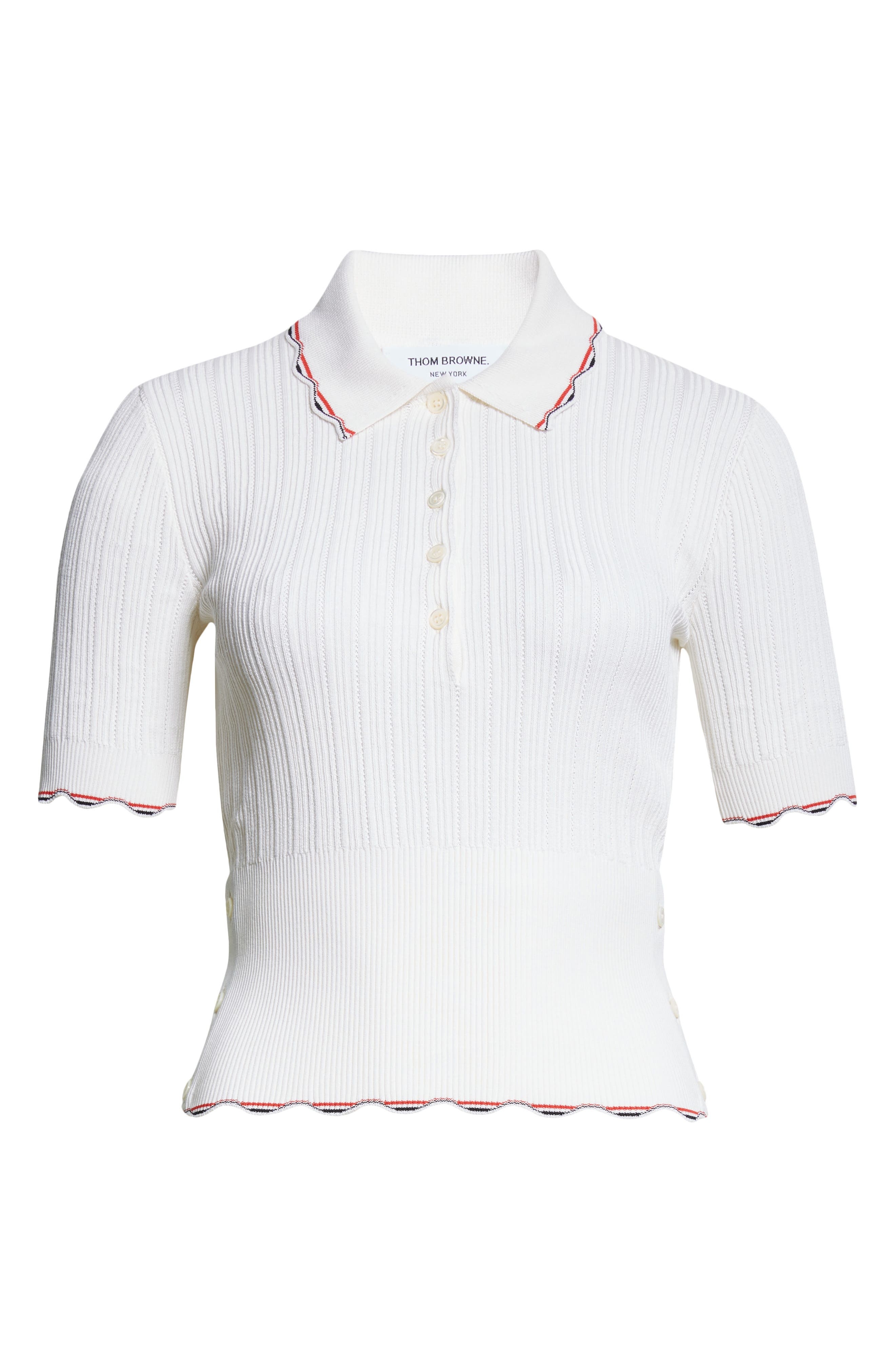 Thom Browne Tuck Scallop Trim Silk & Cotton Pointelle Stitch Polo in White at Nordstrom - 6
