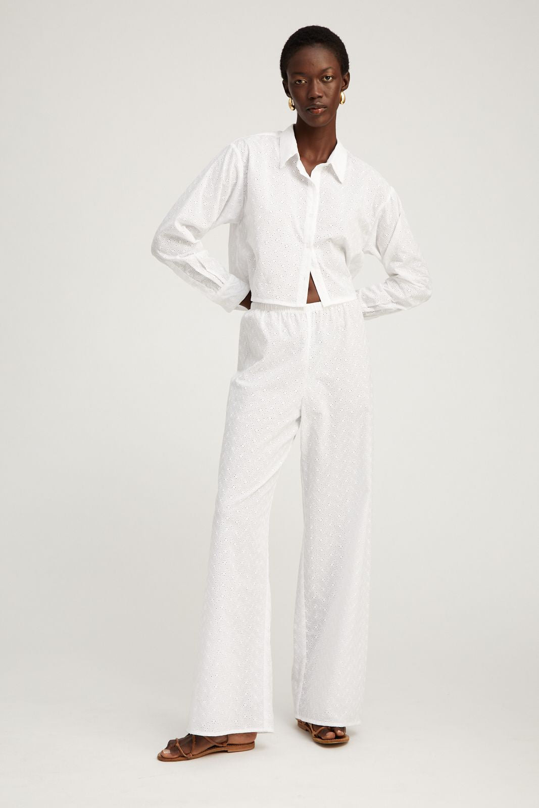 WHITE EYELET CROPPED BUTTON DOWN - 2
