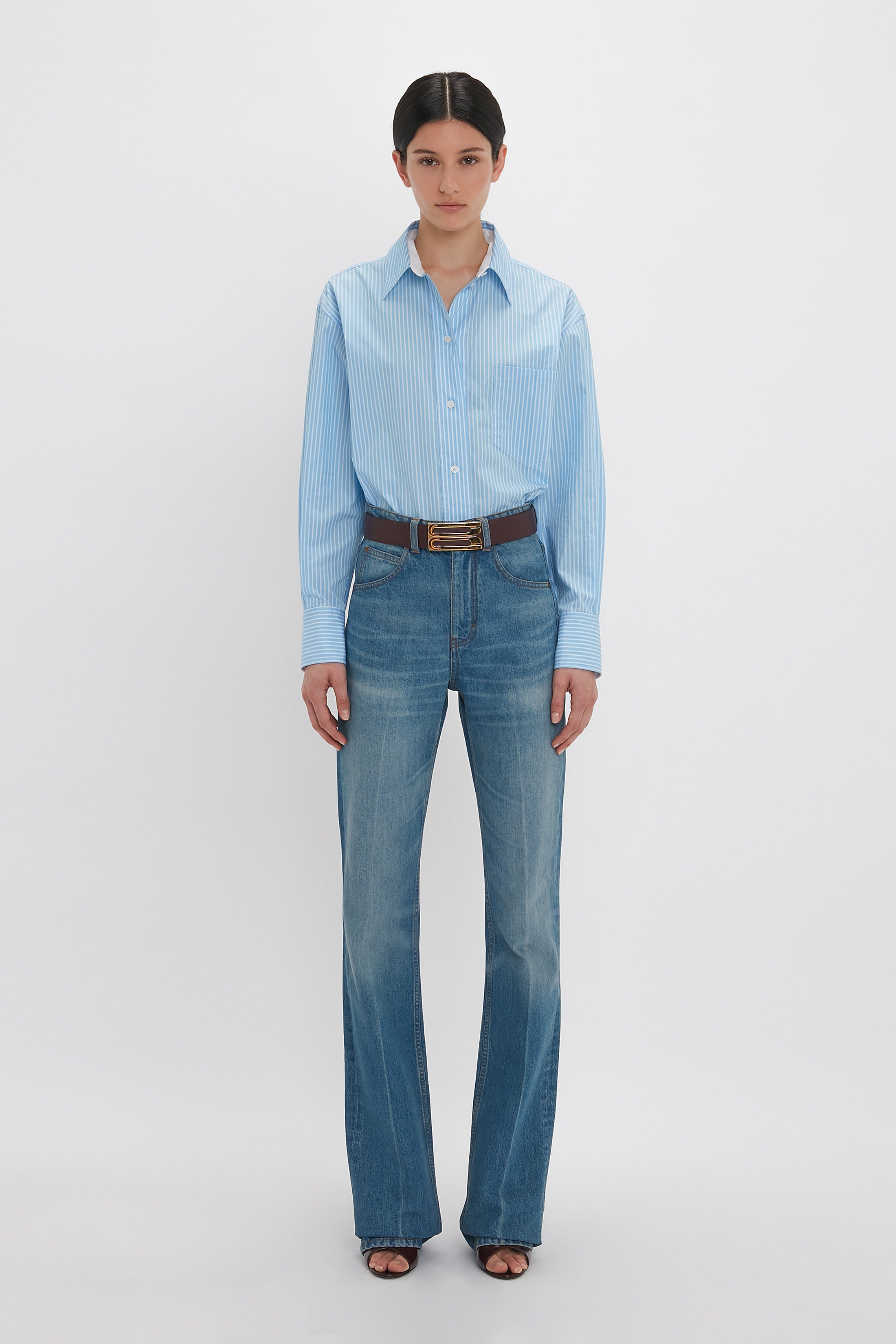 Cropped Long Sleeve Shirt In Marina-White - 2