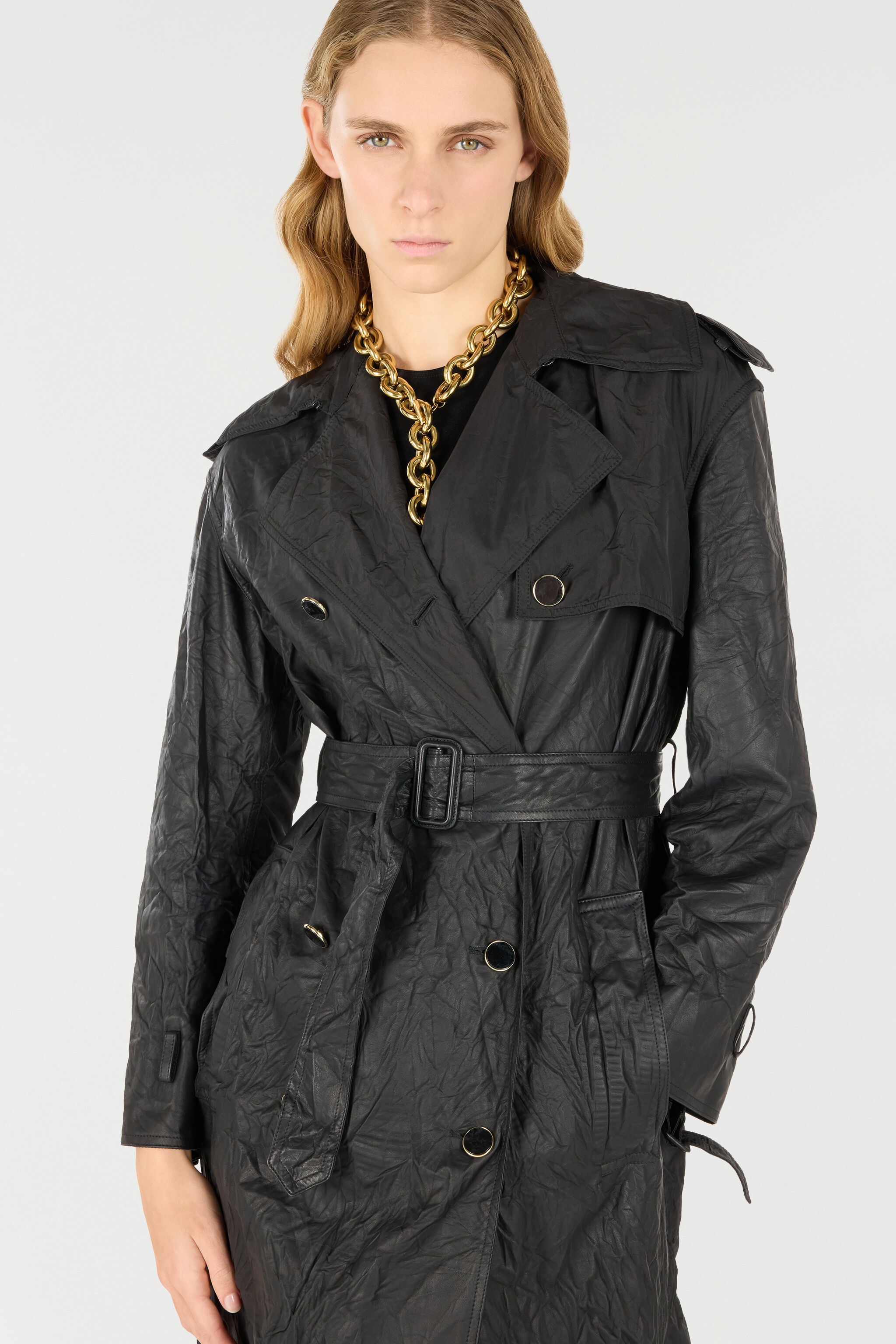 Long Crinkle-Effect Trench Coat - 7