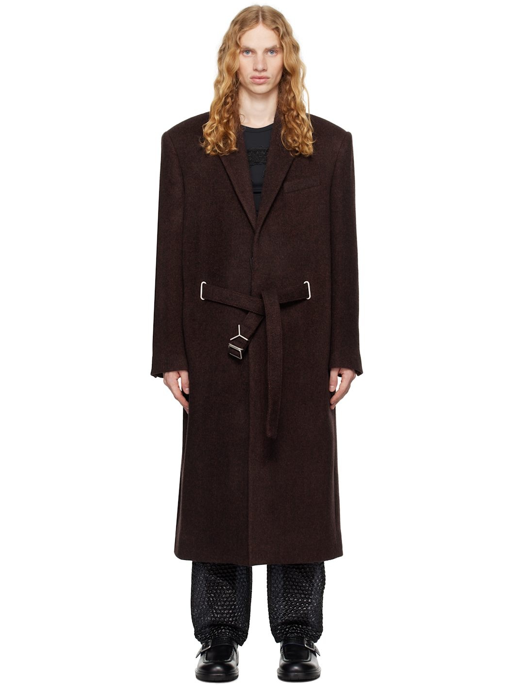 Brown Y Belt Coat - 1