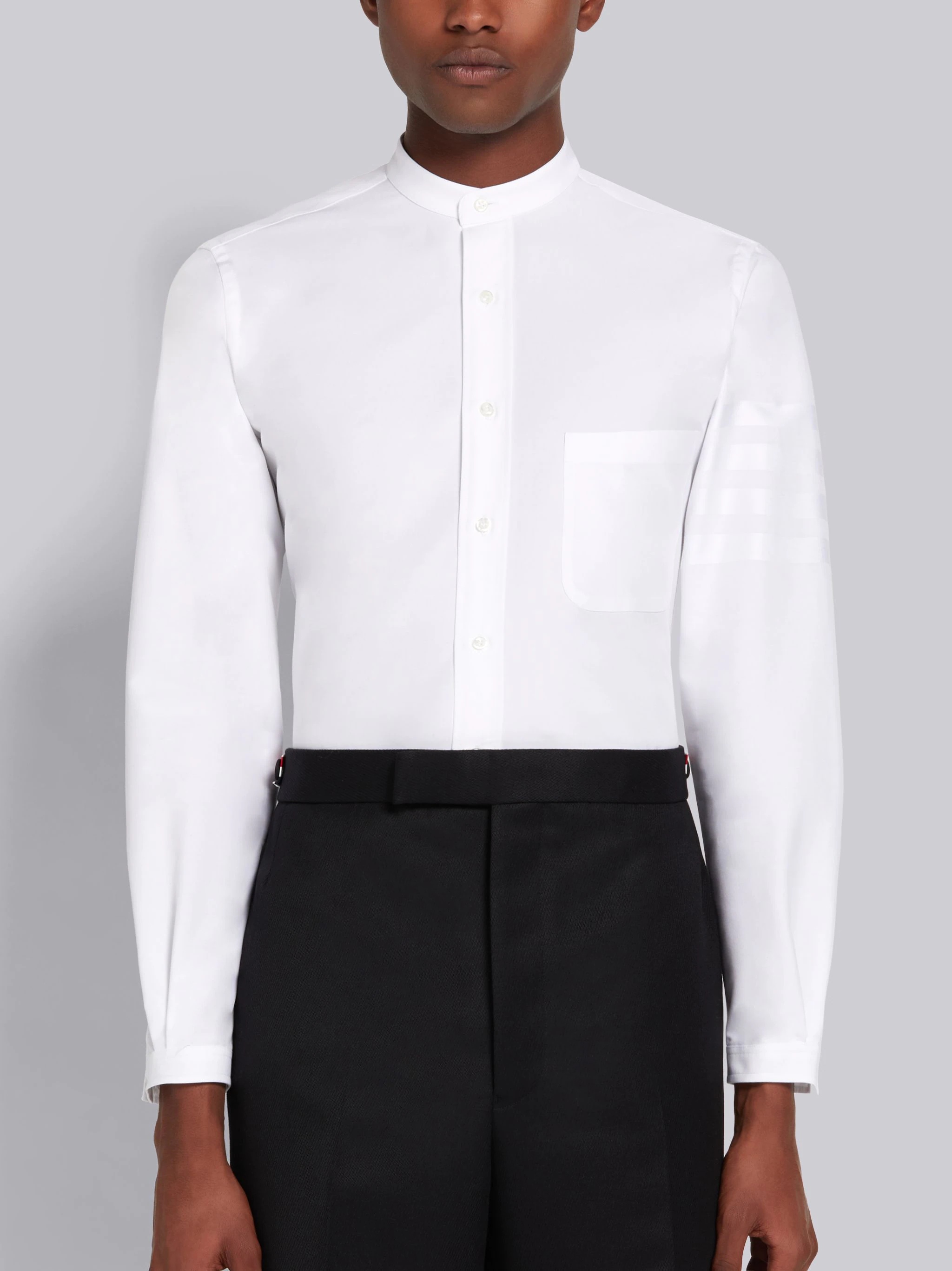 White Satin Weave Oxford Engineered 4-Bar Stripe Band Collar Classic Button Down Shirt - 1