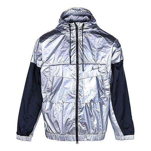 Men's Nike Contrast Color Stitching Hooded Windproof logo Sports Jacket Silver DD2886-095 - 1