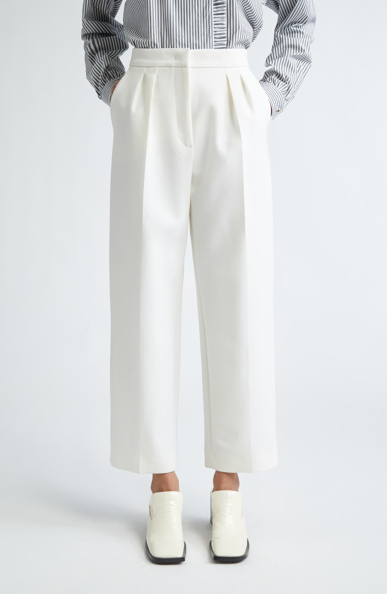 Max Mara Verbano Pleated Ankle Straight Leg Pants in White at Nordstrom - 1