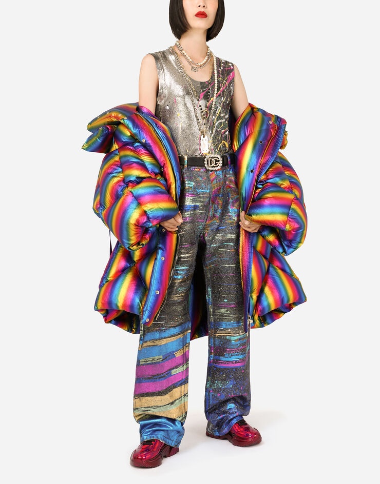 Foiled nylon down jacket with multi-colored stripes - 8