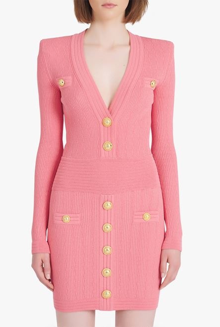 Short salmon pink eco-designed knit dress with gold-tone buttons - 5