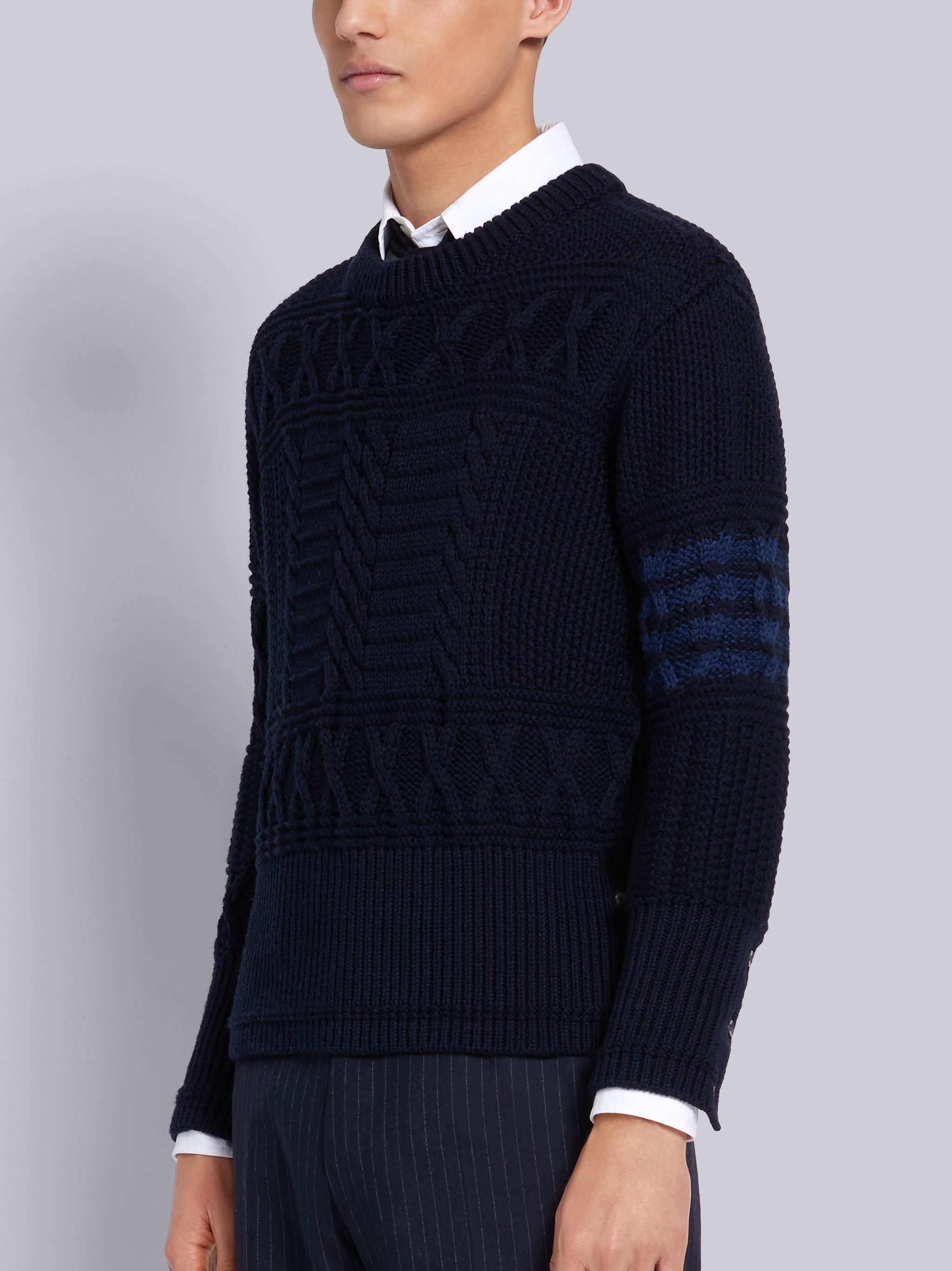 Navy Fine Merino Wool Aran Cable Tonal 4-Bar Crewneck Pullover - 3