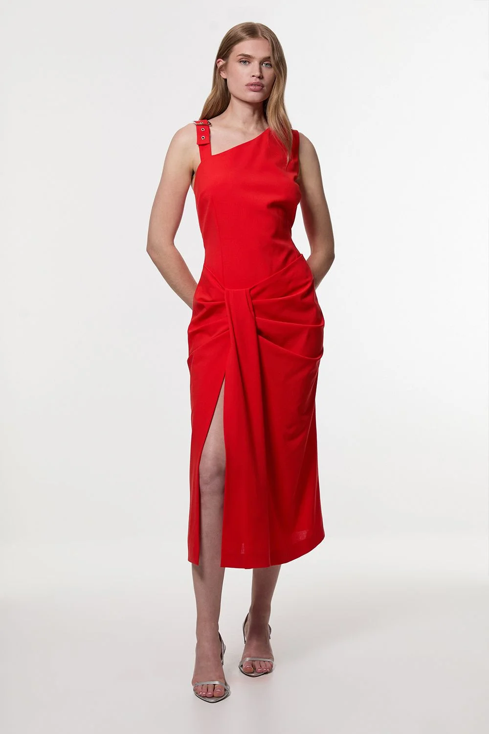 Petite Tailored Asymmetric Neck Strappy Detail Dress - 1