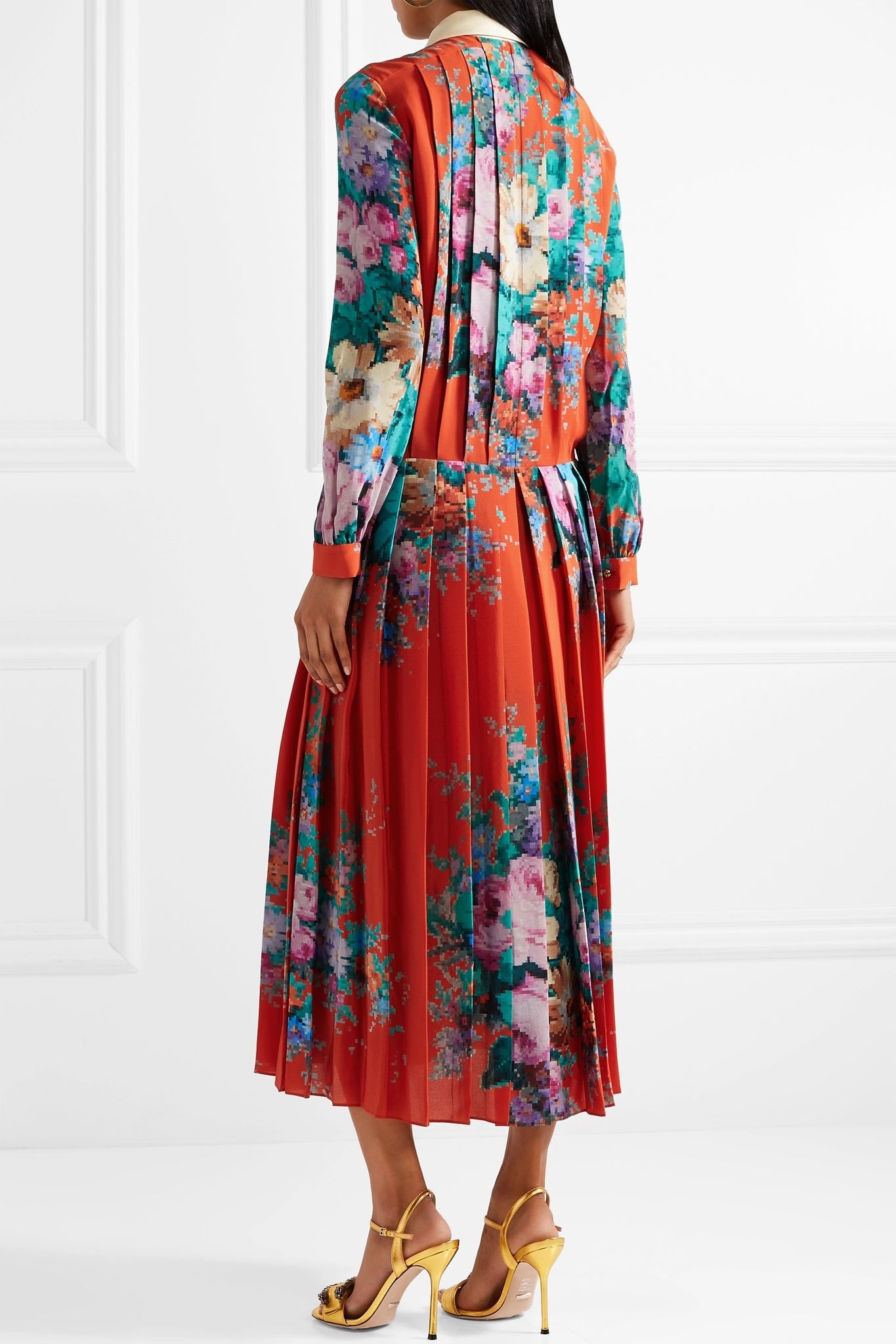 Velvet-trimmed pleated printed silk crepe de chine midi dress - 4