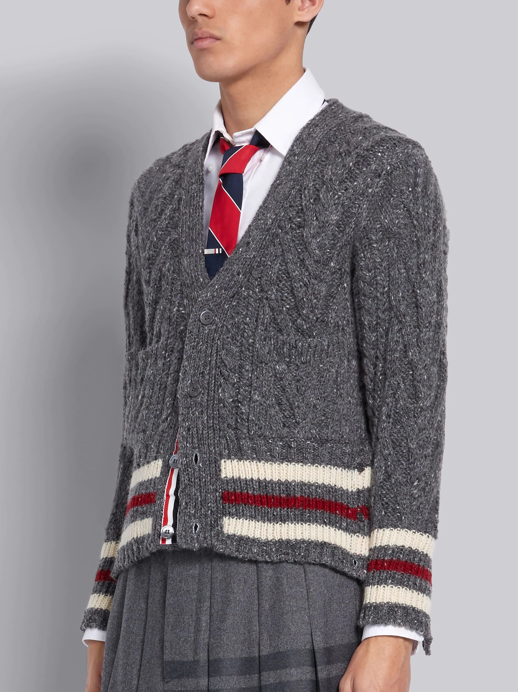 Medium Grey Mohair Tweed Aran Cable Tricolor Cricket Stripe V-neck Cardigan - 3